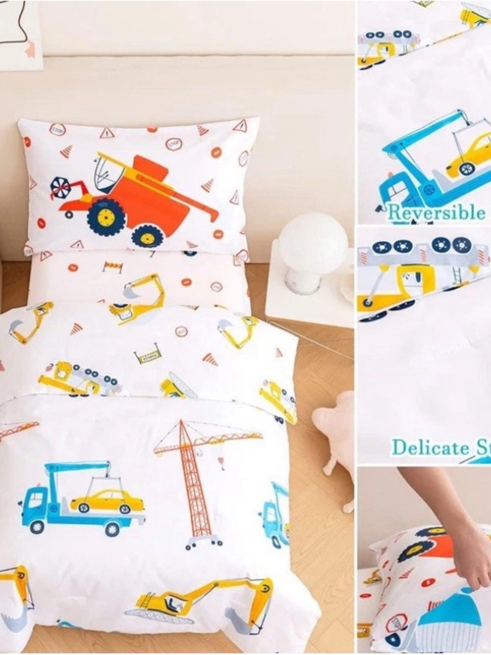Construction Vehicles Kids Bedding Set - White with Orange, Yellow & Blue - Picture 6 of 8